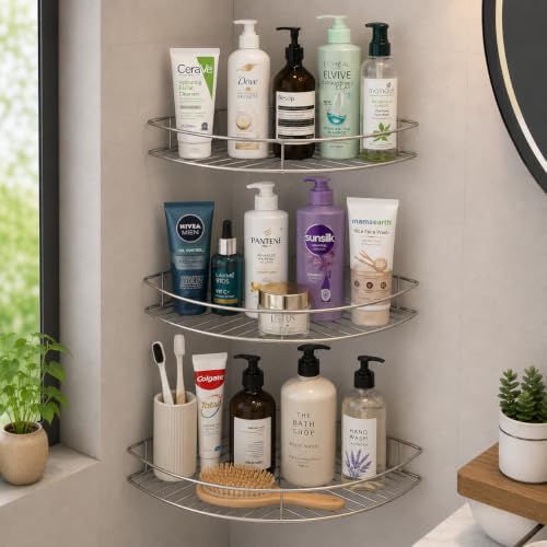 Image of Zepdos Stainless Steel Bathroom Corner Shelf Rack Set of 3, Wall Shelf Organizer for Kitchen Storage Rack, Corner Organizer, Toiletries Multipurpose Storage Basket for Shampoo, Soap & Toiletries