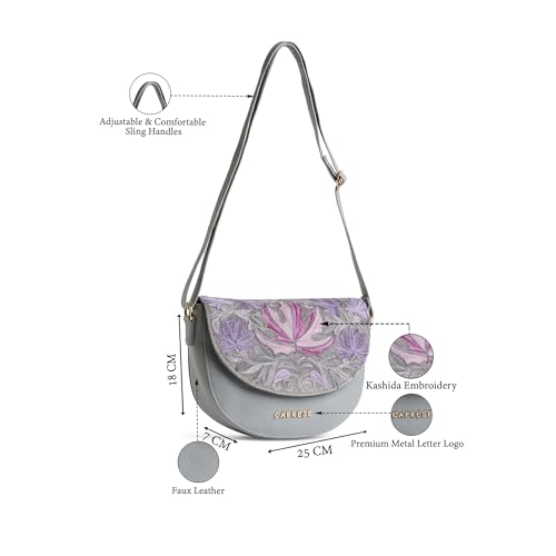 Image of Caprese Siji Tresna Medium Crossbody Bag for Women with Adjustable Strap & Zip Closure | Kashida Velvet Embroidery Sling Bag | Stylish & Lightweight Bag for Daily Use, Travel & Casual Outings