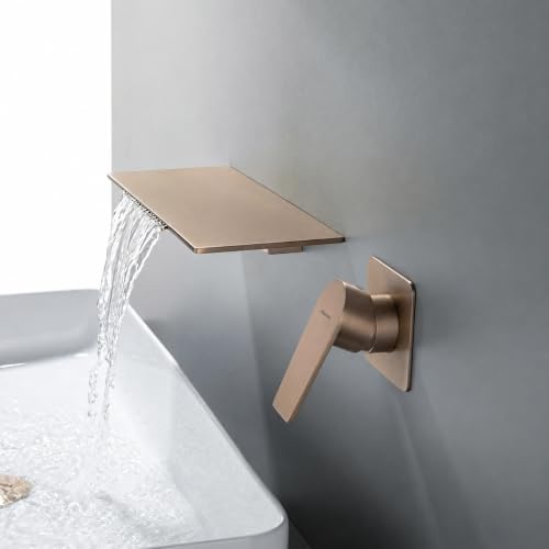 Image of AQUIEEN Plato Wall Mounted Waterfall Basin Mixer Tap | Modern Single Lever Concealed Basin Faucet | Contemporary Bathroom Sink Mixer (Rose Gold)