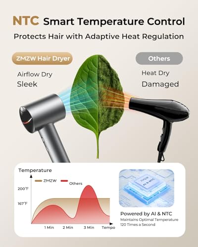 Image of High Speed Ionic Hair Dryer, 160,000 RPM Professional Brushless Motor Blow Dryer for Fast Drying, 500M Negative Ions for Frizz-Free Shine, Quiet & Lightweight with Magnetic Diffuser & Nozzle