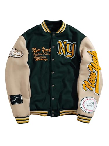 Image of GORGLITTER Men's Letter Graphic Varsity Jacket Long Sleeve Striped Trim Button Bomber Jackets