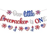 Our Little Firecracker is One Banner 4th of July 1st Birthday Party Decorations for Kids Boy Girl Independence Day First Bday Party Supplies