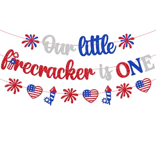 Image of Our Little Firecracker is One Banner 4th of July 1st Birthday Party Decorations for Kids Boy Girl Independence Day First Bday Party Supplies