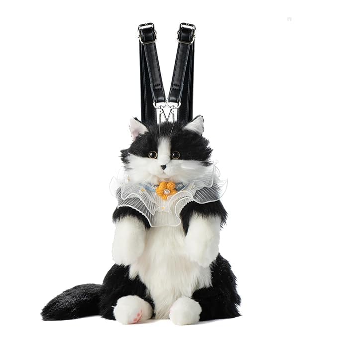 Cute Cat Shaped Plush Backpack, Grey and White, Lace Bow Accent, Kawaii Style Bag for Girls-image-16