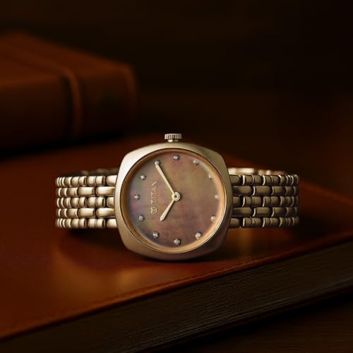 Image of Titan Aura Phase Quartz Analog Brown Dial Golden Stainless Steel Strap Watch for Women-95241YM01