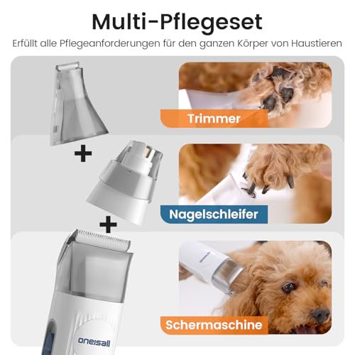 oneisall Hundeschermaschine mit Staubsauger, Super Saugkraft mit 12000 Pa Saugt 99.99% der Tierhaare, Leise Schermaschine Hund Katze Hundehaarschneidemaschine mit 7 Pflegewerkzeugen