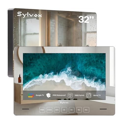 SYLVOX Baño Espejo TV 32 Pulgadas, IP66 Impermeable 500nits Google TV, 12V Smart Magic Bathroom TVS, | WiFi & Bluetooth |1080P Televisión para baños, hoteles y saunas (Montaje en Pared)