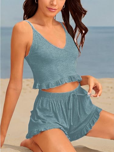 Image of Avanova Women's Ribbed Knit Pajama Set Cami Top and Ruffle Hem Shorts 2 Piece Sleepwear Set A Green X-Large