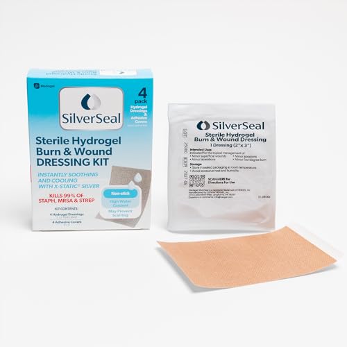 SilverSeal Hydrogel Burn & Wound Dressing Kit with X-Static Silver - FDA Cleared Care for Burns, Cuts & Wounds – Soothing Moisture, Relief & Protection - 4 (2”x3”) Hydrogels + 4 (3”x5”) Adhesive Pads