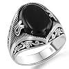 Solid Genuine 925 Sterling Silver Black Onyx Stone Turkish Handmade Ottoman Men's Motif Ring