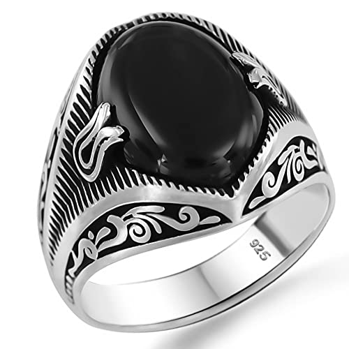 Solid Genuine 925 Sterling Silver Black Onyx Stone Turkish Handmade Ottoman Men's Motif Ring