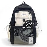 UINSUE Mochila Kawaii, bolsa de ombro dupla com linda estrela removível, bolso transparente, grande capacidade, cores de dopamina, mochila para o dia, Preto transparente, Large, Bonito