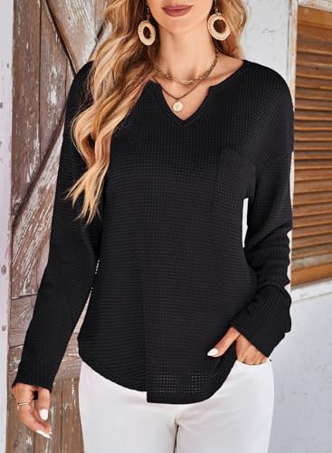 Dokotoo Womens Tops Waffle Knit Long Sleeve Notched V Neck Shirts Casual Trendy Solid Color Loose Blouses4