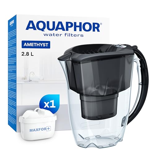 AQUAPHOR Wasserfilter Amethyst Schwarz inkl. 1 MAXFOR+ Filter Kanne I Karaffe für 2,8l I Passt in die Kühlschranktür I Reduziert Kalk & Chlor I Tischwasserfilter I Stylischer Behälter
