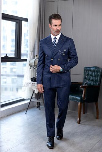 Pinstriped Men‘s Suits Double Breasted 2-Piece Blazer Pants Peak Lapel Slim Fit Tuxedo Set Wedding Prom2