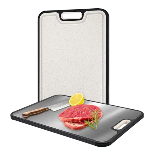 Zikenis Schneidebrett, großes Edelstahl schneidebrett,Reisschalen-Faser,Cutting Board mit Saftrutsche,rutschfester Griff,für Fleisch,Brot,Gemüse,Obst Schneiden,BPA Frei