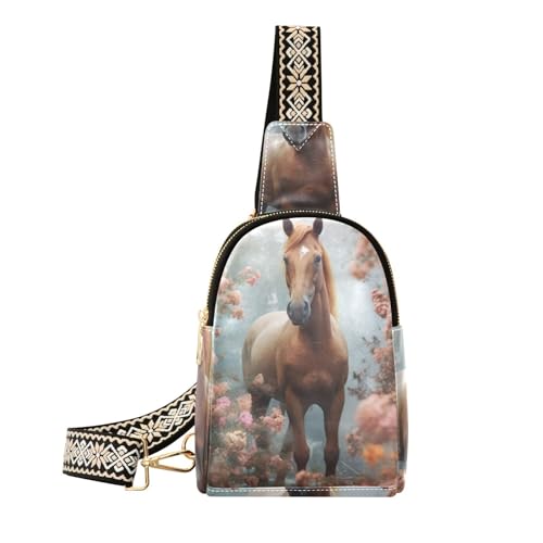 Horse in Flowers Print Women Sling Bag with Adjustable Strap Zipper Closure, PU Leather Water Resistant Crossbody Bag Purse Chest Bag