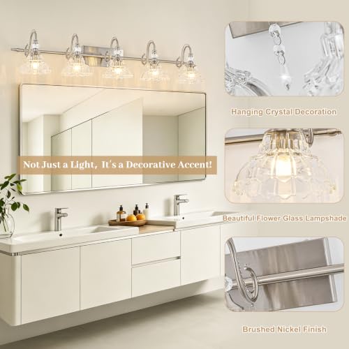 Image of Brushed Nickel Bathroom Vanity Light, 5-Light Nickel Finish Wall Sconce with Hanging Crystal Accents and Flower-Shaped Clear Glass Shades, Modern Wall Mount Vanity Light Over Mirror for Bathroom