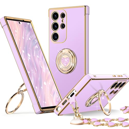 Image of XYZ for Galaxy S25 Ultra Case with Stand, for Samsung Galaxy S25 Ultra Case with Double Ring Kickstand, Women Girls Cute Love-Heart Bling Luxury Protective Phone Case for Samsung S25 Ultra, Purple