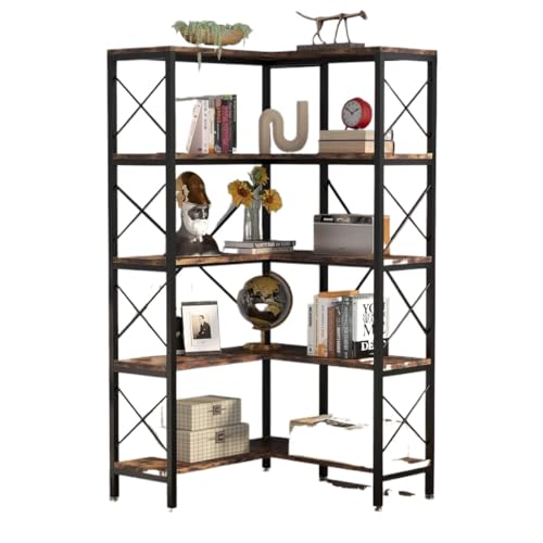 AMZBNEIDI Estantería de Esquina, estantería Industrial, Estantería esquinera de 5 Niveles, 80 x 80 x 167,5 cm, con Estructura de Metal y Madera prefabricada, Ideal for Sala de Estar, hogar y Oficina.