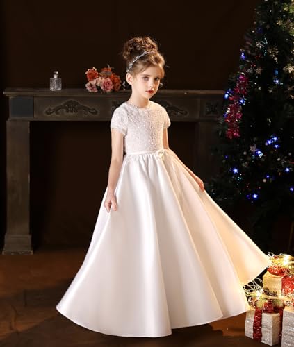 Flower Girl Dress Pearls Ball Gown Dress Elegant Satin First Communion Princess Dresses for Girls2