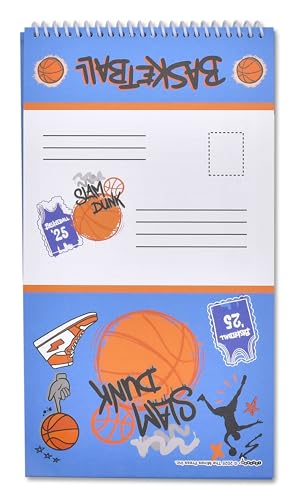 Image of iscream + Corey Paige Designs Fold and Send Boys Stationery - Basketball | 40 Pack, Fun Print, Spiral Bound, Large 10.5 inch x 5.75 inch Cards, Coordinating Sticker Sheets, Fold and Send, Summer Camp Ready
