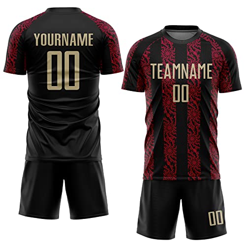 Custom Soccer Team Jerseys with Black and Red Vertical Stripes Pattern, Design Your Own Printed Name Number Practice T-Shirt & Shorts, Personalized Football Club Uniforms for Men Women Teens Boys