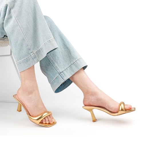 Image of Women's Kitten Heels Sandals 2.76 Inch Square Toe Stiletto One-Strap Heeled Sandals Slip-On Mule Heels for Women