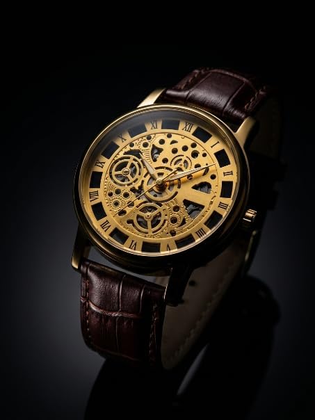Image of Men's Skeleton Automatic Mechanical Watch - Gold Transparent Dial with Roman Numerals & Brown Crocodile Leather Strap Wrist Watch for Men