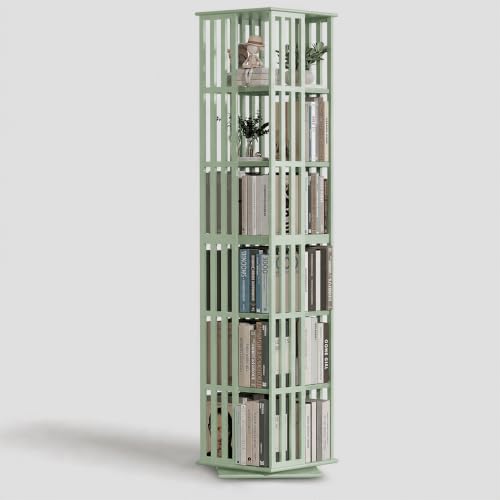 Image of Lauxery 6-Tier Bamboo Rotating Bookshelf Tower, Green, 74.8 in | 1200 Lbs Capacity, Freestanding, Small Footprint, 360 Degree Rotation, Dual Shelf Heights, For Living Room, Study Room,Corner