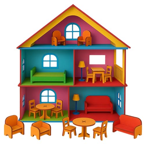 Image of Clapjoy DIY Wooden Doll House & Spinning Top Combo - Miniature Furniture Kit with Free Paint Set | Easy to Assemble | Creative Gift Toy for Kids, Boys & Girls | Build, Paint & Play Craft Set