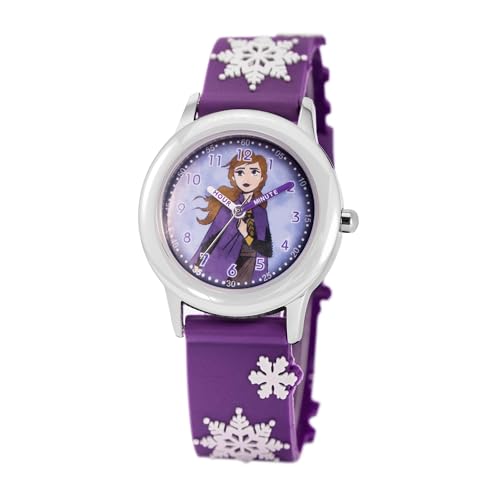 Disney Reloj Frozen para niñas de 4 a 7 años, princesa con esfera de personajes, gran regalo para los fanáticos de Frozen, bisel plateado y correa de nailon morado, compra y obtén 1 reloj misterioso