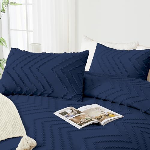 Image of Andency Navy Blue Comforter Set Queen Size, Boho Soft Warm Tufted Bedding Comforter Sets for Queen Size Bed, 3 Pieces Aesthetic Chevron Farmhouse Cute Bohemian Textured Bed Set