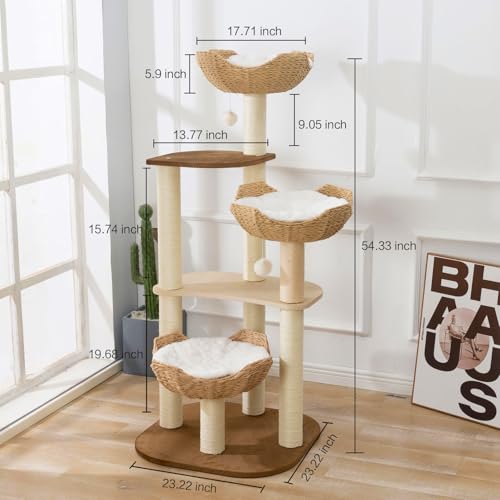 Torre para gatos moderna con cesta tejida y postes de sisal miniatura 2