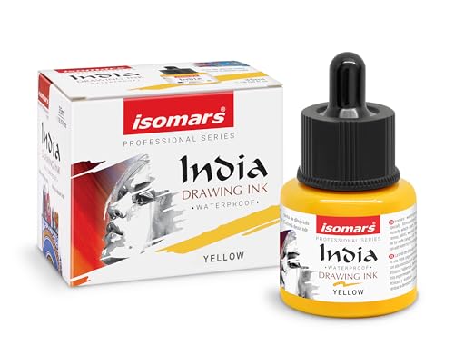Image of Isomars Waterproof Drawing Ink with Dropper - 35ml | India Ink for Calligraphy, Art, Technical Drawing | Fade-Resistant & Quick-Drying (Yellow)