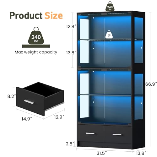 Lamtor Display Cabinet with Glass Doors - 67\" Curio Cabinet for Collectibles with RGB LED Lights and 2 Drawers, 4 Tier Glass Display Case for Living Room, Office, Black