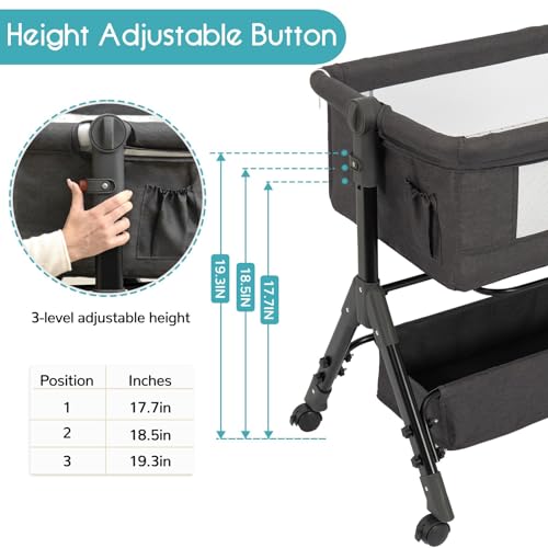 BCOL Baby Bassinet, Bedside Bassinet for Baby, 3 in 1 Bassinet Bedside Sleeper with Wheels, Mosquito Net, Adjustable Easy Folding Portable Bed for Infant Newborn (Dark Grey) - Image 4