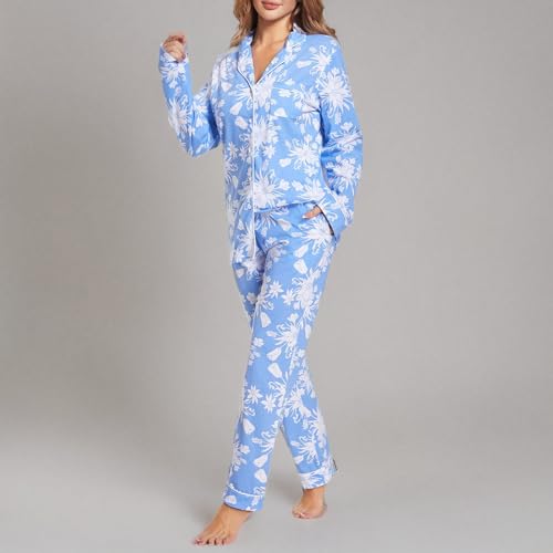 Image of Tugege Pajamas Set Long Sleeve Sleepwear Womens Button Down Nightwear Pj Sets(Blue Lotus-Blue Lotus)