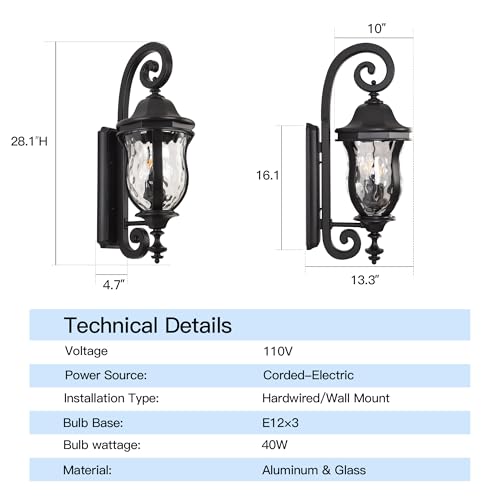 Image of Black Exterior Wall Sconces, 28 inch H Large Outdoor Wall Light Fixtures
