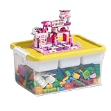 wyazziv 多機能透明収納ボックス三十リットル大容量積み木レゴおもちゃ食料品仕切り付き折畳式ベース対応子供ぬいぐるみアーティスチャブロック整理ケース軽量積重ね可能省スペースリビングキッズルーム対応組立簡単持ち運びハンドル付きブロック遊び後片付けしやすい掃除らくらくプラスチック製丈夫なつくり防塵フタ付き (X-6016 イエローブロック蓋 30L)