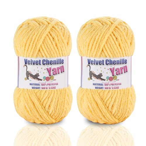 Image of 2 * 100g /3.5oz Fluffy Chenille Yarn for Crocheting, Chunky Velvet Yarn for Crochet Amigurumi, Used for Making Baby Yarns Blanket, Clothes, Pattern Knitting Creations (Yellow)