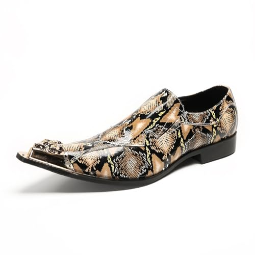 Men's Genuine Leather Formal Loafer Shoes-Metal Toe Oxford Dress Shoes with Faux Snake Pattern, Slip-On Low Block Heel for Party & Club Events