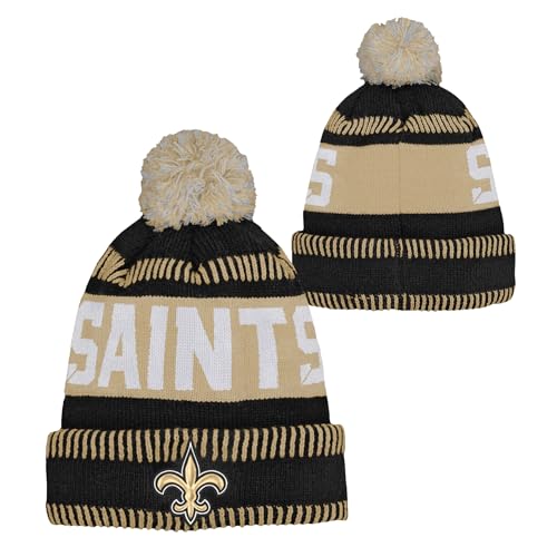 Outerstuff NFL Kids Youth 8-20 One Size Team Color Primary Logo Official Sports Tech Knit Cold Weather Football Pom Beanie Hat - New Orleans Saints