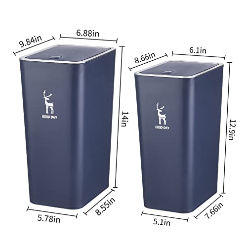 Trash Can, Plastic Garbage Can With Press Lid, 2 Pack Waste Basket For Bathroom, Kitchen, Bedroom, Garbage Bin With Push Button, Commercial Trash Bin For Office,2Gallon &3 Gallon (Navy Blue) #TOP4