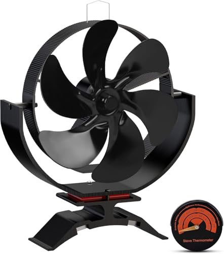 Ventilador para estufa de leña de 6 aspas con termómetro, mini ventilador alimentado por calor, silencioso, orientable para espacios pequeños sobre leña, estufas de pellets/chimeneas/leña/gas
