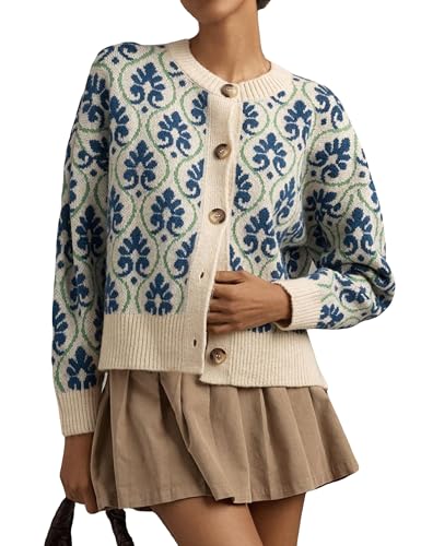 Floral Cardigan Sweaters for Women Lightweight Button Up Flower Printed Pattern Cardigans Fall Knit Sweater Tops