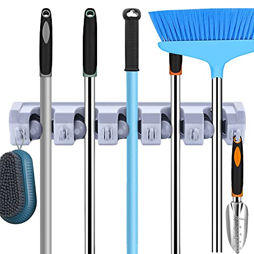 Mop and Broom Holder Wall Mount Heavy Duty Broom Garden Tool Organizer Mop Hanger Home Cleaning Supplies Organizations Storage Rack for Garage Laundry Room