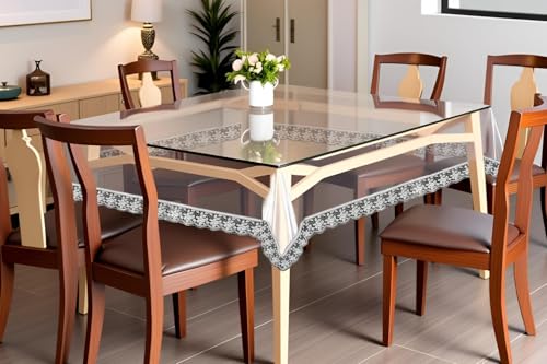 Image of The Furnishing Tree Square Shaped 4 Seater Transparent Table Cover WxL 60x60 inches 0.25 mm Thickness with Silver Lace
