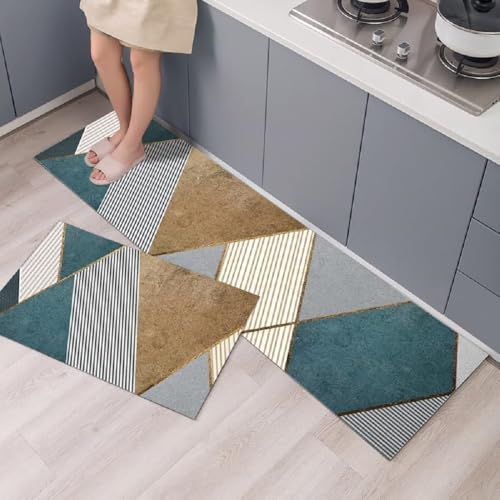 Image of SHREENIDHI Kitchen Floor Mat Set of 2 Rectangular Printed Mats for Sink Stove and Counter Area Placement with Kitchen Theme Geometric and Floral Design Options (Geometric Pattern 1)
