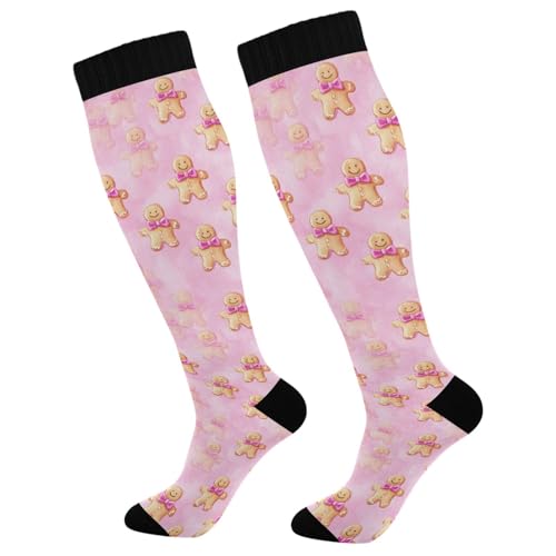 Gingerbread Man Pink Bows Compression Socks for Women Men, Circulation Long Knee High Socks Casual Stocking Athletic Tube Sport Sock